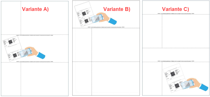 Die drei unterstützten Perforationsvarianten der 2-fach-QR-Rechnung: A) Zahlteil im unteren Drittel, B) Zahlteil im oberen Drittel, C) unteres Drittel bei anders gesetzter oberer Perforation.