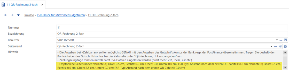 Inkasso / ESR-Druck, Eintrag «QR-Rechnung 2-fach»: empfohlene Seitenränder - A) links 0.5, oben 0.0 cm, Abstand nach dem ersten QR-Zahlteil 8.6 cm; B) links 0.5, oben 8.6 cm, Abstand 0.0 cm.