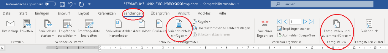 Word-Menüband «Sendungen» beim Serienbrief: rot markiert sind das Register «Sendungen», die Schaltfläche «Seriendruckfeld einfügen» und «Fertig stellen und zusammenführen».