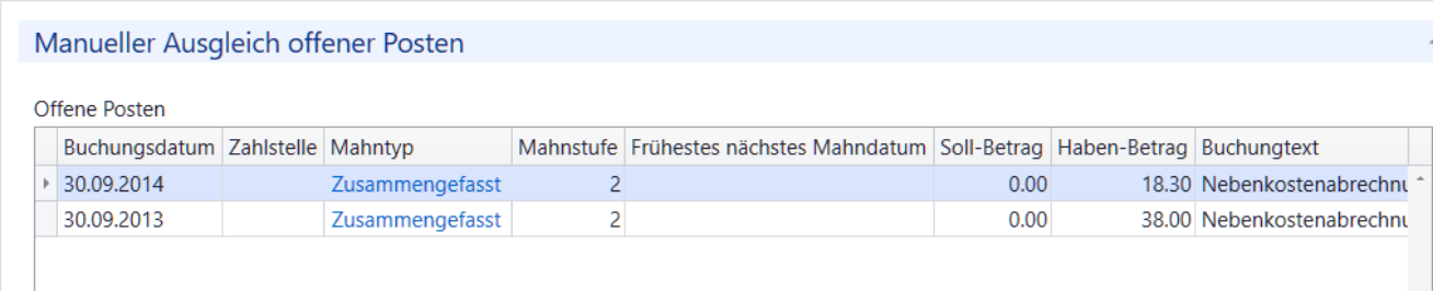 Liste «Offene Posten» nach dem Verknüpfen mit nur noch zwei Haben-Positionen, Mahntyp «Zusammengefasst», Beträge 18.30 und 38.00, Buchungstext Nebenkostenabrechnung.
