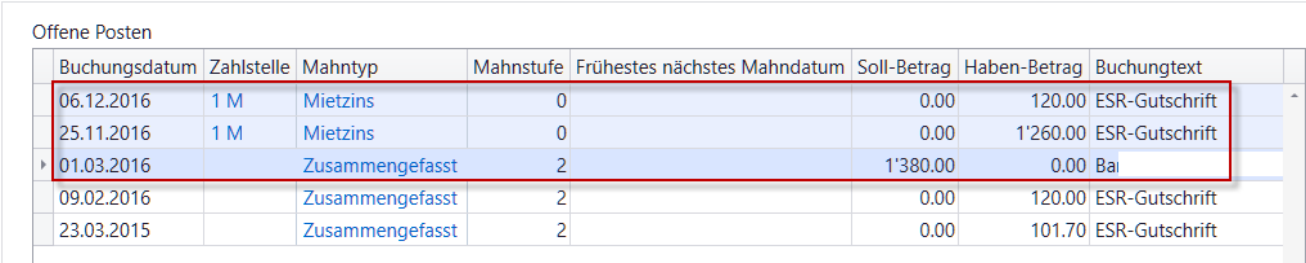 Fünf verbliebene offene Posten; die obersten drei Zeilen sind rot umrandet: ESR-Gutschriften über 120.00 und 1'260.00 mit Zahlstelle «1 M» sowie eine Soll-Buchung über 1'380.00.