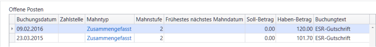 Zwei verbliebene offene Posten: ESR-Gutschriften über 120.00 vom 09.02.2016 und 101.70 vom 23.03.2015, Mahntyp «Zusammengefasst», Spalte Zahlstelle leer.