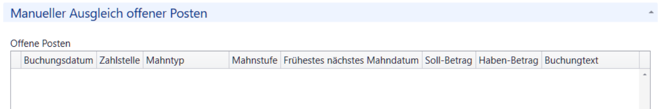Leere Liste «Offene Posten» im Rollo «Manueller Ausgleich offener Posten»; es sind keine Positionen mehr aufgeführt.