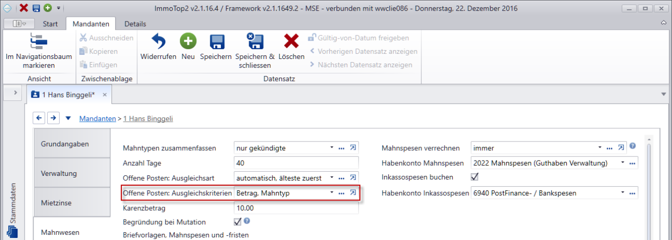 Register «Mahnwesen» der Mandanten-Stammdaten mit rot markiertem Feld «Offene Posten: Ausgleichskriterien», eingestellt auf «Betrag, Mahntyp».
