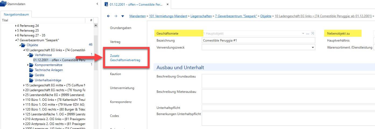Verhältnis-Register «Zusatz Geschäftsmietvertrag», gelb markiert die Felder «Geschäftsmiete – 1 Hauptobjekt» und «Nebenobjekt zu», darunter der Bereich «Ausbau und Unterhalt».