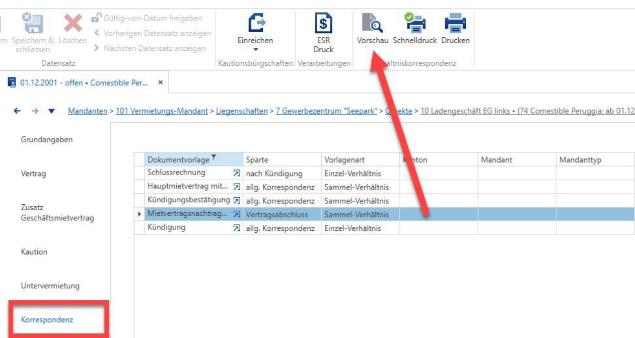 Register «Korrespondenz» mit den Dokumentvorlagen Schlussrechnung, Hauptmietvertrag, Kündigungsbestätigung, Mietvertragsnachtrag und Kündigung je Vorlagenart Einzel- oder Sammel-Verhältnis.