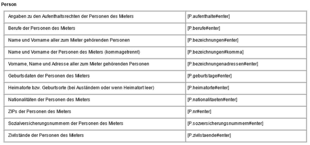 Platzhaltertabelle «Person» für alle Personen eines Mieters: Aufenthaltsrechte, Berufe, Namen, Geburtsdaten, Heimatorte, Nationalitäten, Sozialversicherungsnummern und Zivilstände.