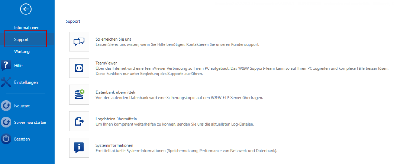 Backstage-Bereich, Eintrag «Support» (rot umrandet) mit den fünf Aktionen: So erreichen Sie uns, TeamViewer, Datenbank übermitteln, Logdateien übermitteln und Systeminformationen.