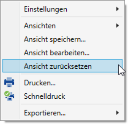 Dasselbe Kontextmenü der Detailtabelle, hier ist der Eintrag «Ansicht zurücksetzen» hervorgehoben.