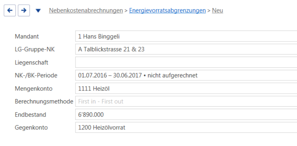 Erfassungsmaske Energievorratsabgrenzungen Neu mit NK-/BK-Periode 01.07.2016 bis 30.06.2017, Mengenkonto 1111 Heizöl, Endbestand 6'890.000 und Gegenkonto 1200 Heizölvorrat.