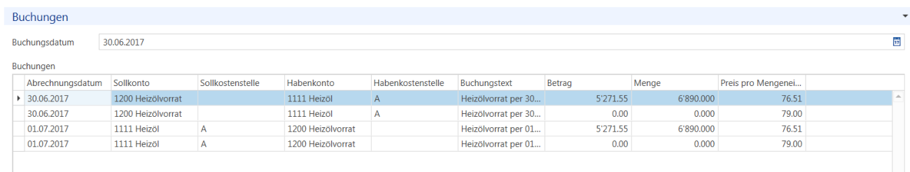 Register Buchungen mit vier Zeilen: Abgrenzung per 30.06.2017 von 1200 Heizölvorrat auf 1111 Heizöl und Auflösung per 01.07.2017, Betrag 5'271.55 bei Menge 6'890.000.