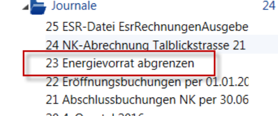 Journalliste mit rot markiertem Eintrag «23 Energievorrat abgrenzen» zwischen ESR-Datei, NK-Abrechnung, Eröffnungs- und Abschlussbuchungen.