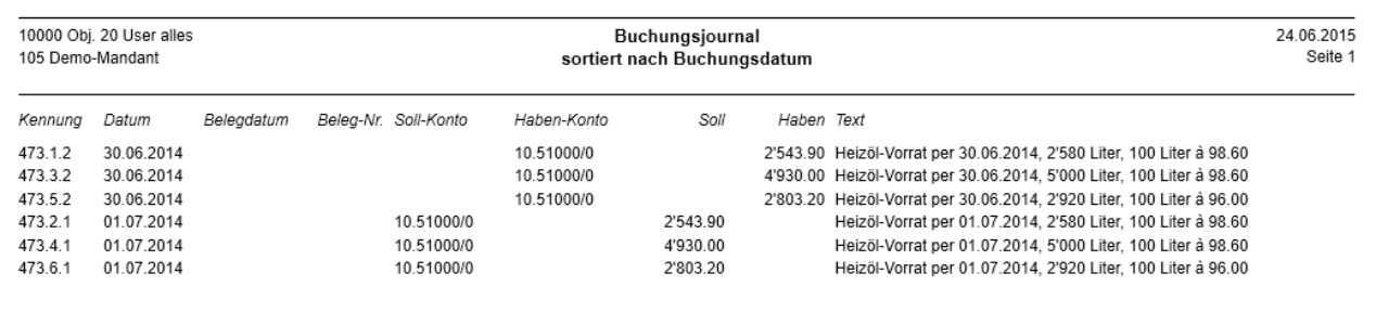 Ausdruck «Buchungsjournal sortiert nach Buchungsdatum» eines Demo-Mandanten mit Heizöl-Vorrat-Buchungen per 30.06.2014 und 01.07.2014 auf Konto 10.51000/0.