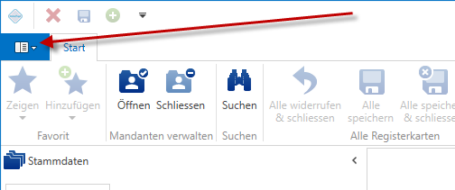 Ausschnitt des ImmoTop2-Registers «Start» mit den Gruppen Favorit, Mandanten verwalten und Suchen; ein roter Pfeil zeigt auf die Schaltfläche des Applikationsmenüs