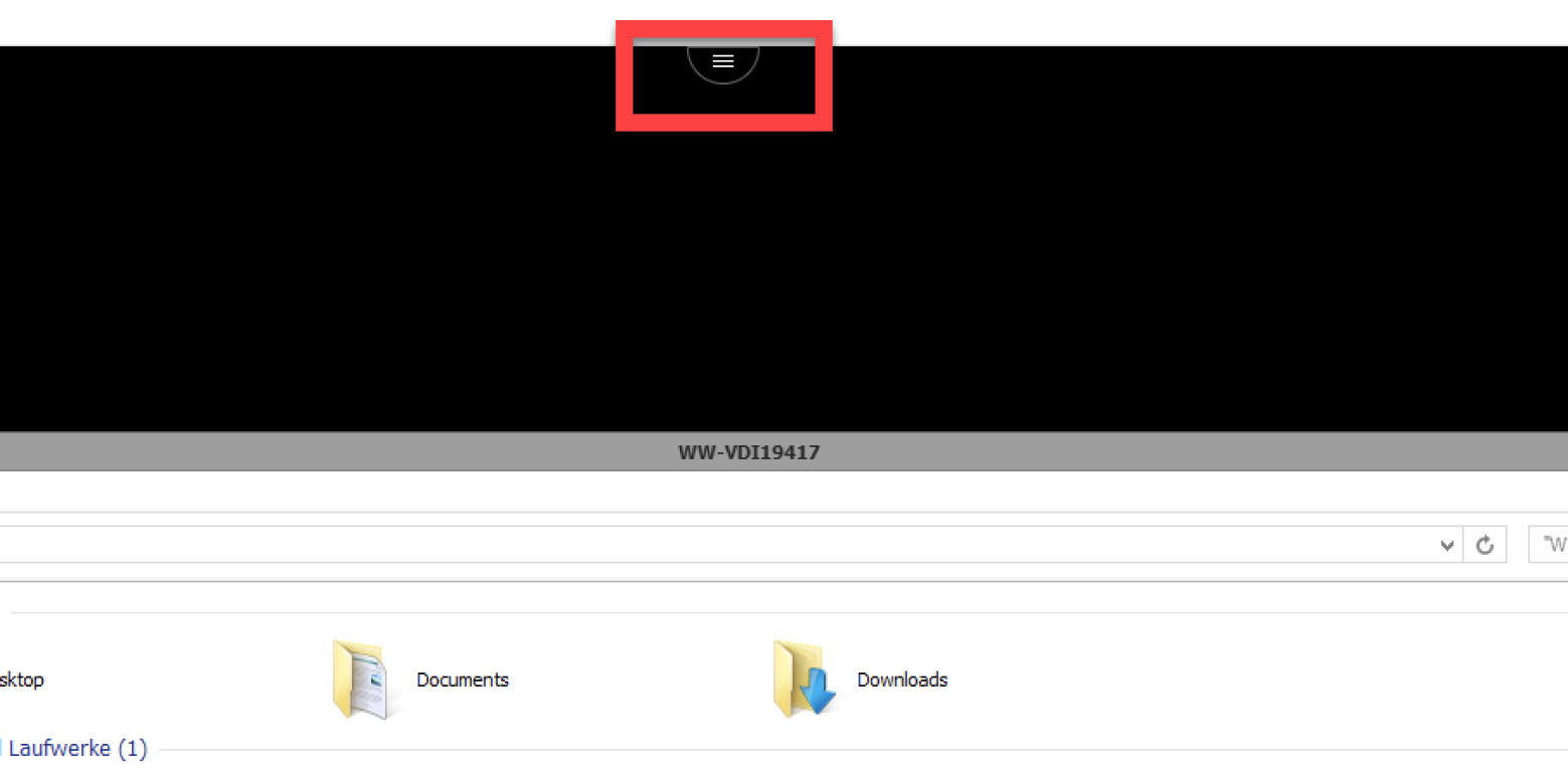 Cloud-Sitzung im Browser: oben in der Mitte des schwarzen Bereichs der rot markierte Halbkreis mit den drei Strichen - erscheint er, findet die Sitzung die Citrix Workspace App nicht mehr.