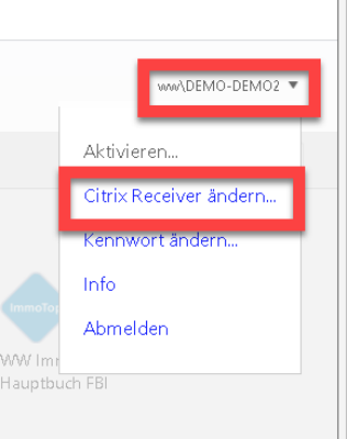 Benutzermenü der W&W-Cloud mit markiertem Benutzernamen oben rechts und markiertem Eintrag «Citrix Receiver ändern…».