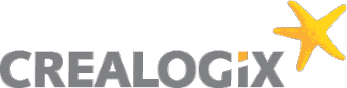 Farbiges Firmenlogo von Crealogix mit gelbem Stern-Signet