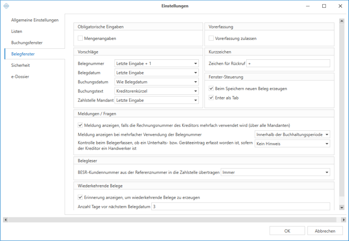 Einstellungen Belegfenster