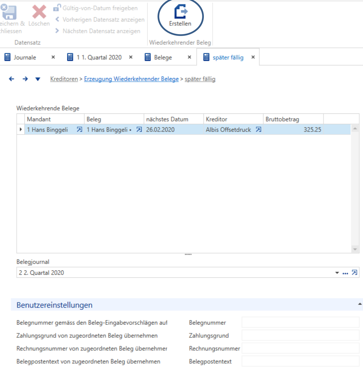 Wiederkehrende Belege Benutzereinstellungen