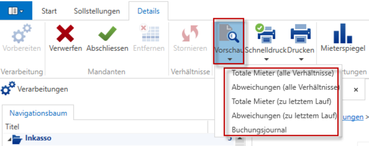 Register «Details», aufgeklappte «Vorschau» (rot umrandet) mit fünf Listen: Totale Mieter und Abweichungen, je für alle Verhältnisse und zum letzten Lauf, sowie Buchungsjournal.