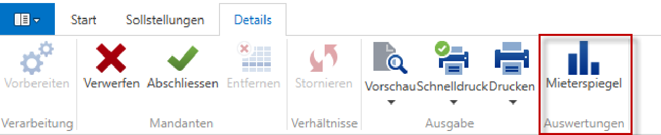 Dasselbe Register «Details» mit rot umrandeter Schaltfläche «Mieterspiegel» in der Gruppe «Auswertungen».