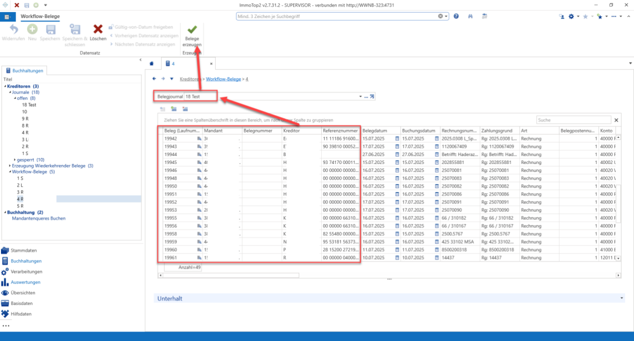 Schritt 4 — Workflow-Belege: im Feld Belegjournal das Test-Journal, in der Tabelle alle Belege mit Ctrl+A markiert, im Menüband hervorgehoben «Belege erzeugen».