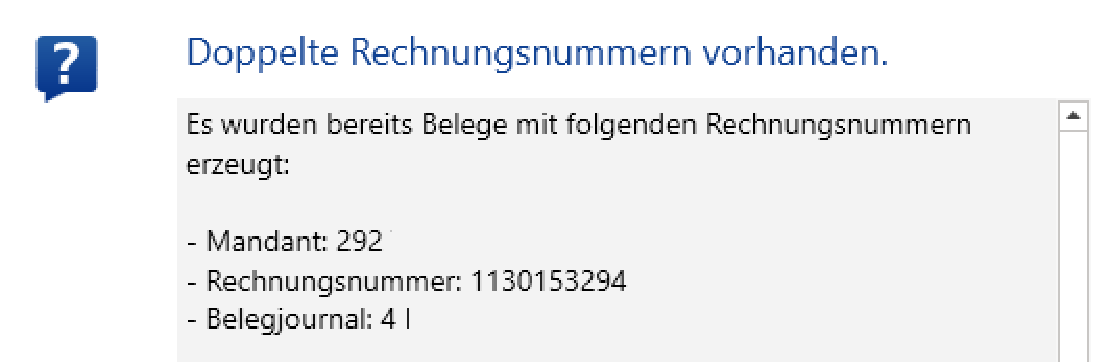Schritt 5 — Meldung «Doppelte Rechnungsnummern vorhanden» mit der Aufzählung von Mandant, Rechnungsnummer und Belegjournal; hier wird mit Ja bestätigt.