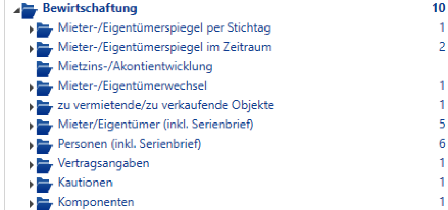 Zweig «Bewirtschaftung» mit zehn Listen: Mieter-/Eigentümerspiegel per Stichtag und im Zeitraum, Mietzins-/Akontientwicklung, Wechsel, zu vermietende Objekte, Vertragsangaben, Kautionen, Komponenten.