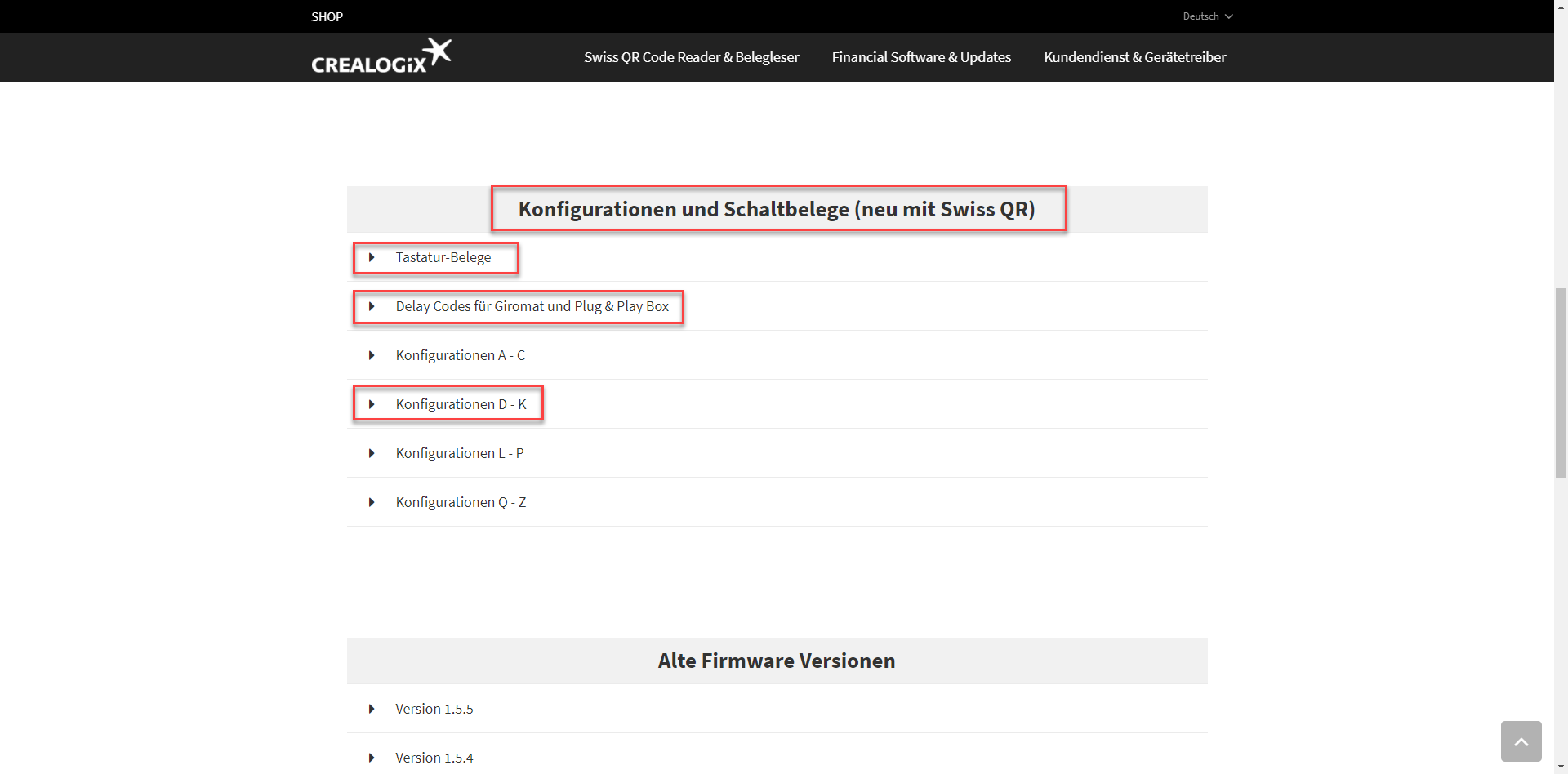 Crealogix-Supportseite «Konfigurationen und Schaltbelege neu mit Swiss QR»; rot markiert sind Tastatur-Belege, Delay Codes für Giromat und Plug & Play Box sowie Konfigurationen D - K