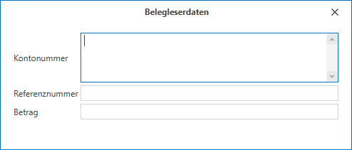 Fenster «Belegleserdaten» von ImmoTop2 mit den leeren Feldern Kontonummer, Referenznummer und Betrag