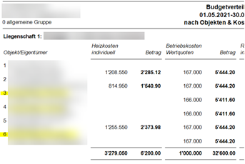 Report «Budgetverteilung nach Objekten und Kostengruppen»: in der Spalte «Heizkosten individuell» sind zwei Objektzeilen gelb markiert, die weder Zählerwert noch Betrag haben.