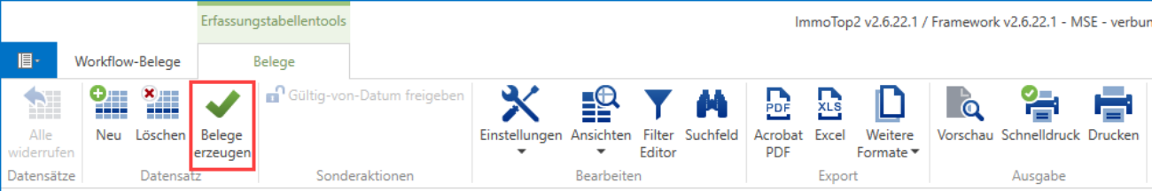 Menüband «Belege» mit rot umrandeter Schaltfläche «Belege erzeugen» neben Neu und Löschen.