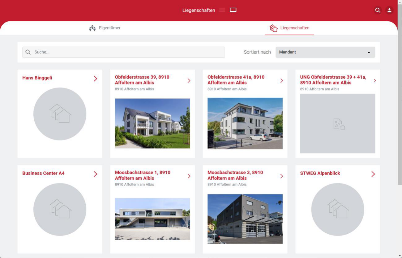 Portal-Einstiegsseite «Liegenschaften»: je Kachel Mandant oder Liegenschaft mit Adresse und Kachelbild; ohne hinterlegtes Bild erscheint ein graues Platzhaltersymbol.