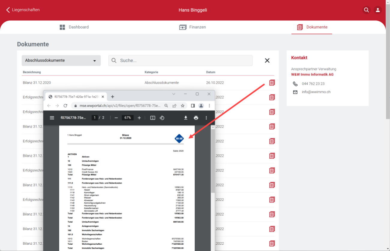 Stufe Mandant, Register «Dokumente»: gefiltert auf «Abschlussdokumente» mit Bezeichnung, Kategorie und Datum; der Pfeil zeigt auf das im Browser geöffnete PDF einer Bilanz.