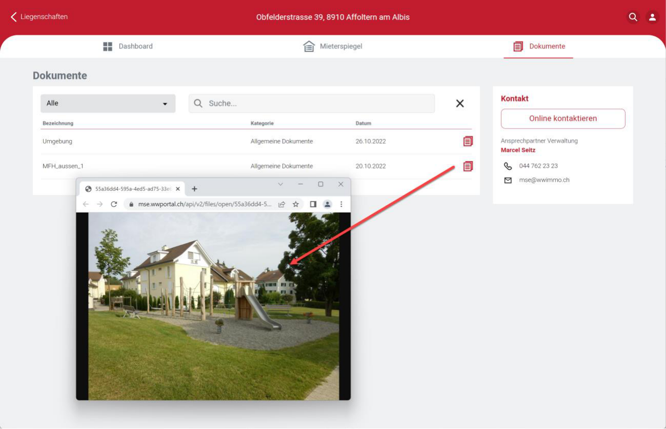 Stufe Liegenschaft, Register «Dokumente»: Filter «Alle» mit Bezeichnung, Kategorie und Datum; der Pfeil zeigt auf das im Browser geöffnete Bild der Umgebung.