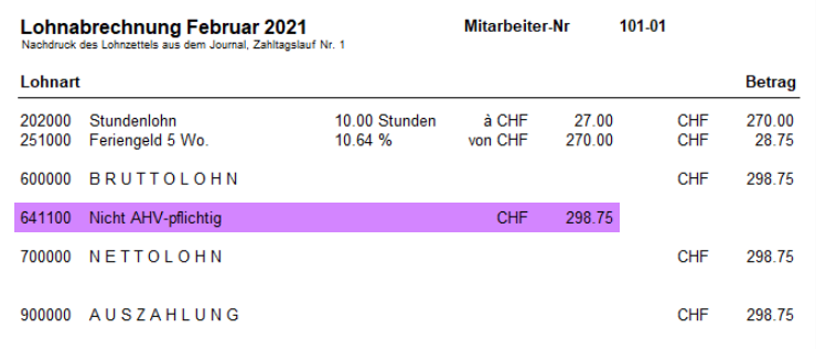 Lohnabrechnung Februar 2021: Bruttolohn CHF 298.75, die hervorgehobene Lohnart 641100 «Nicht AHV-pflichtig» nimmt den vollen Betrag auf, Nettolohn gleich Bruttolohn.