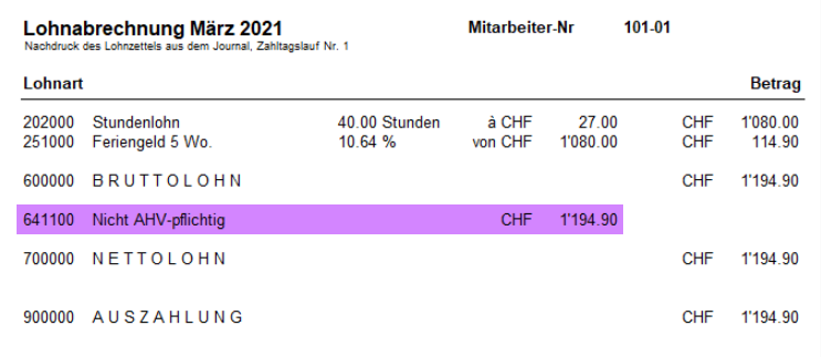 Lohnabrechnung März 2021: Bruttolohn CHF 1'194.90, Lohnart 641100 «Nicht AHV-pflichtig» in gleicher Höhe, weiterhin keine SVA-Abzüge.
