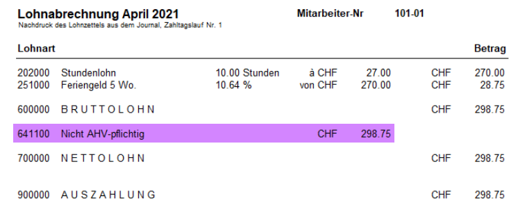 Lohnabrechnung April 2021: Bruttolohn CHF 298.75, Lohnart 641100 «Nicht AHV-pflichtig» in gleicher Höhe, weiterhin keine SVA-Abzüge.