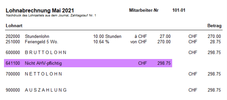 Lohnabrechnung Mai 2021: Bruttolohn CHF 298.75, Lohnart 641100 «Nicht AHV-pflichtig» in gleicher Höhe, weiterhin keine SVA-Abzüge.