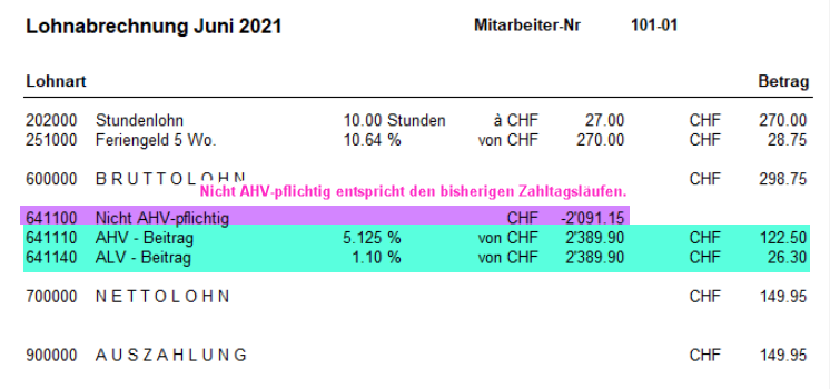 Lohnabrechnung Juni 2021 mit Nachkorrektur: Lohnart 641100 «Nicht AHV-pflichtig» wird mit CHF -2'091.15 zurückgenommen, dafür 641110 AHV 5.125 Prozent und 641140 ALV 1.10 Prozent von 2'389.90.