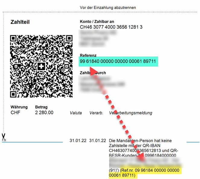 Zahlteil einer QR-Rechnung mit markierter Referenzzeile; die Meldung darunter: die Mandanten-Person hat keine Zahlstelle mit der im Beleg verwendeten QR-IBAN und QR-BESR-Kundennummer.