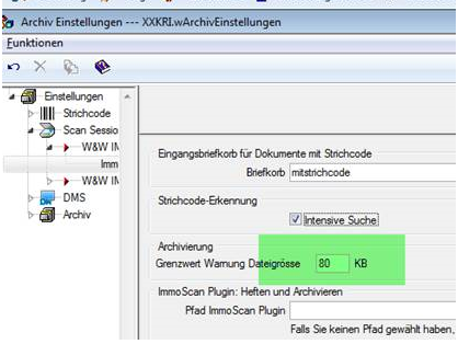 Archiv Einstellungen, Zweig Scan Session: im Bereich Archivierung steht das Feld «Grenzwert Warnung Dateigrösse» mit dem Wert 80 KB