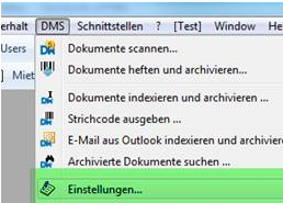 ImmoTop-Menü DMS aufgeklappt; der unterste Eintrag «Einstellungen...» ist markiert