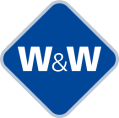 W&W-Firmenlogo: dunkelblaue Raute mit weissem Schriftzug «W&W», Grafik aus der PDF-Anleitung zur verbrauchsabhängigen Heizkostenabrechnung.
