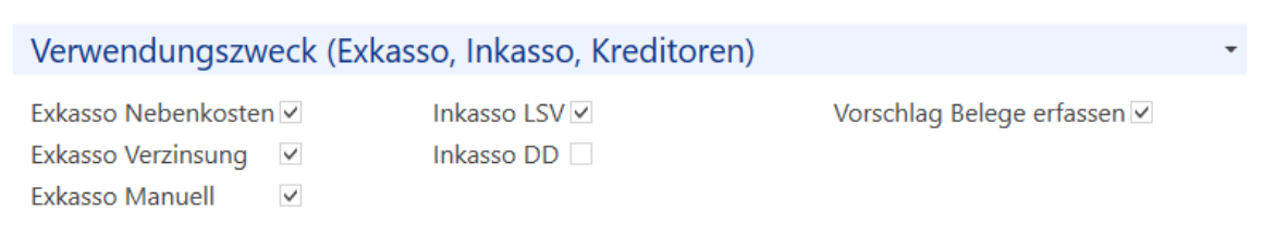 Rollo «Verwendungszweck (Exkasso, Inkasso, Kreditoren)» einer Zahlstelle: angehakt Exkasso Nebenkosten, Verzinsung und Manuell, Inkasso LSV und «Vorschlag Belege erfassen»; Inkasso DD ist offen.