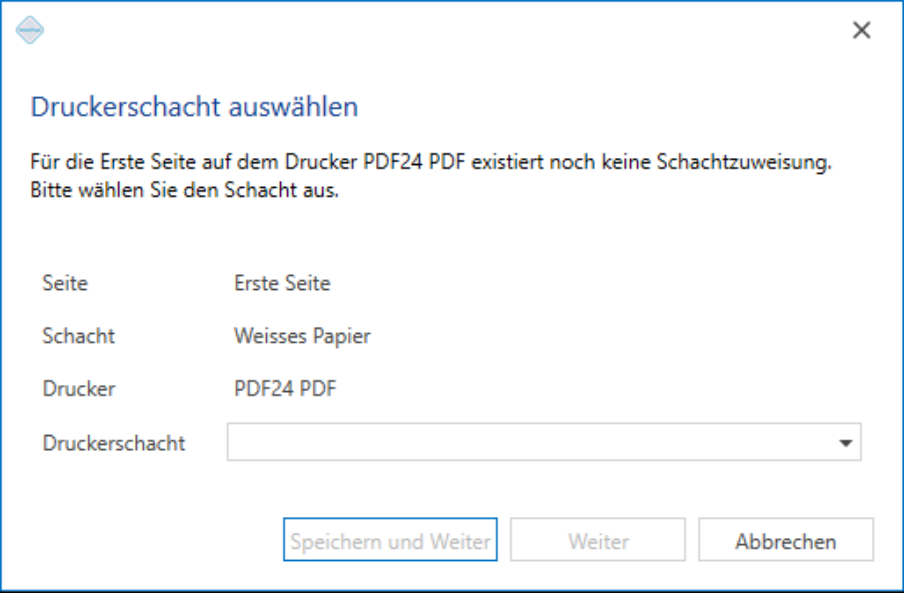Dialog «Druckerschacht auswählen»: Für die Erste Seite auf dem Drucker PDF24 PDF existiert noch keine Schachtzuweisung, das Auswahlfeld ist leer.