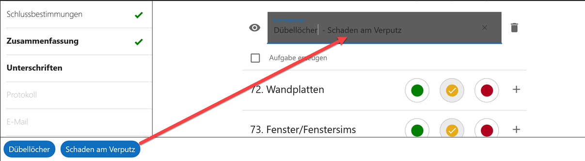 Abnahme-App: Eingabefeld einer Position mit dem zusammengesetzten Text «Dübellöcher - Schaden am Verputz» und den beiden Textblock-Schaltflächen gleichen Namens darunter