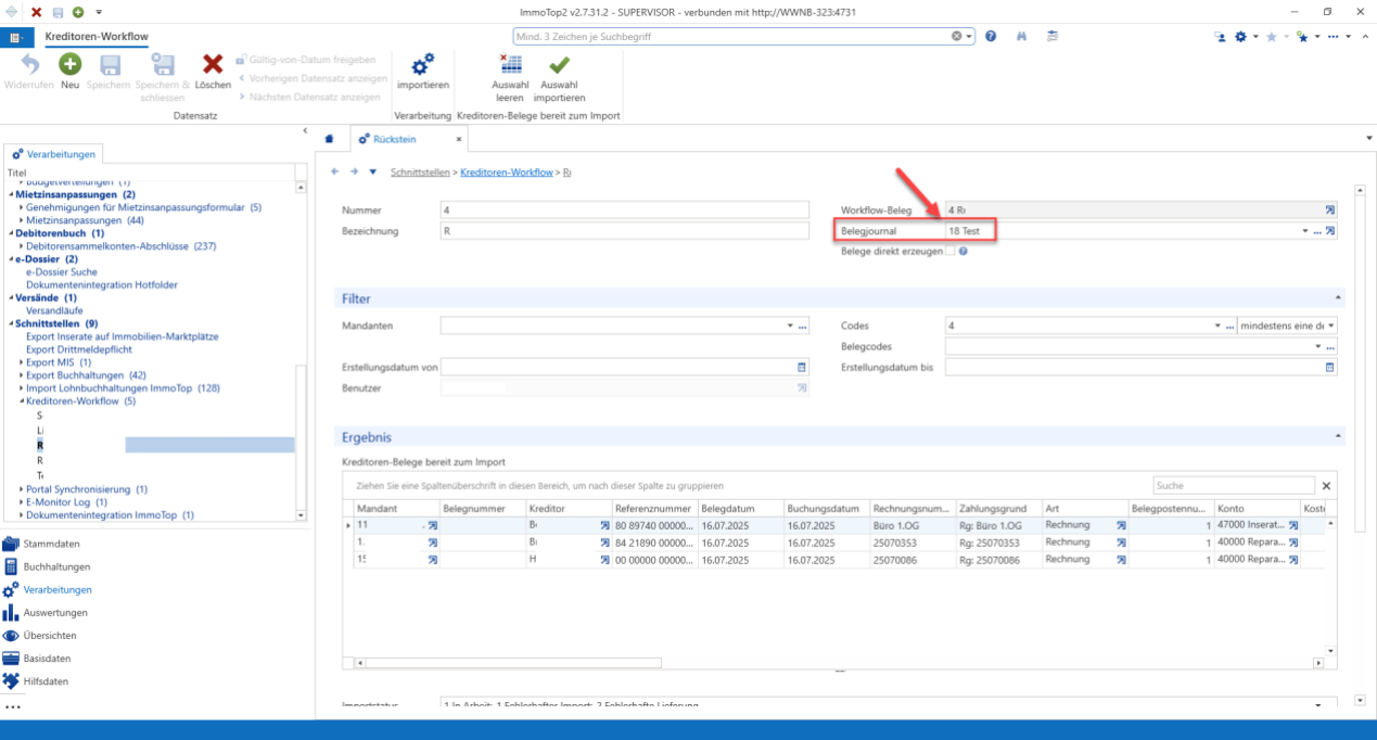 Maske Kreditoren-Workflow mit rot markiertem Feld Belegjournal, in dem «18 Test» hinterlegt ist, darunter Filter und Ergebnisliste der importbereiten Kreditoren-Belege.