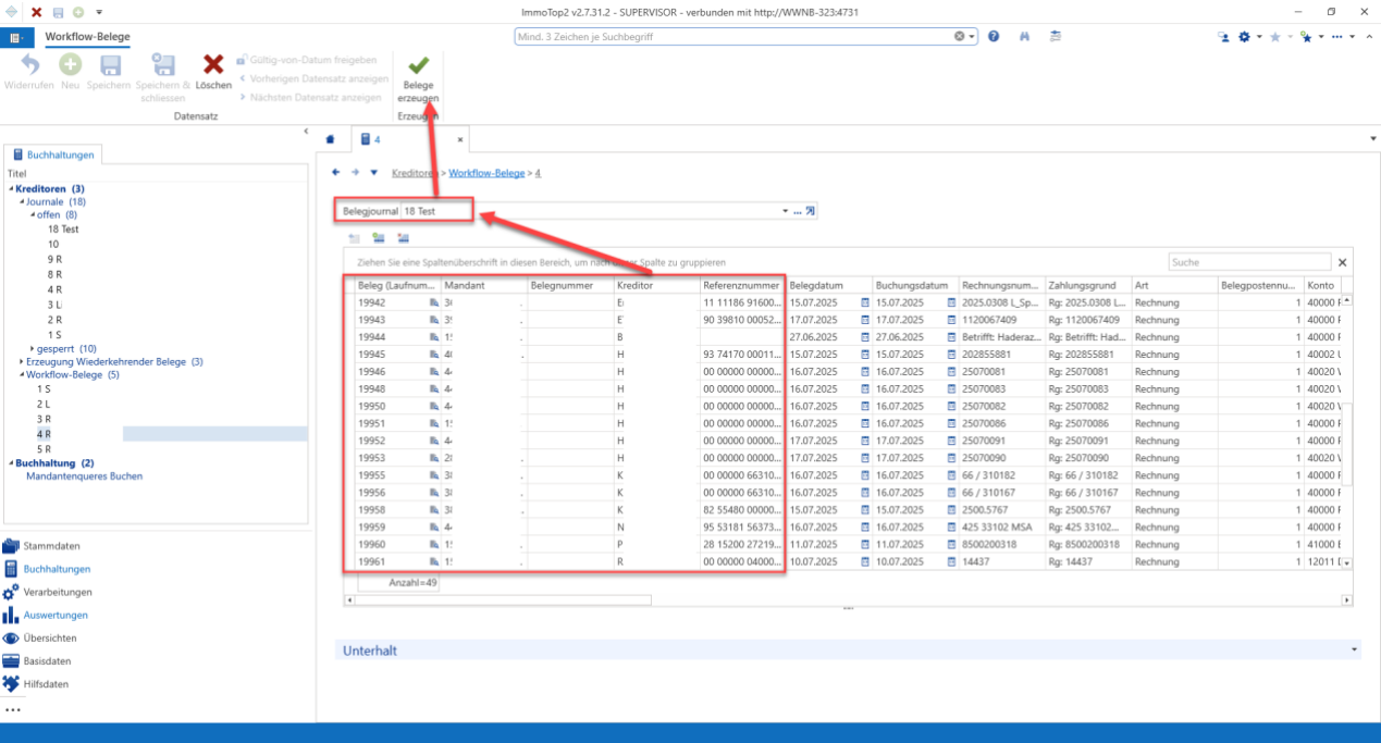 Ansicht Workflow-Belege mit Belegjournal «18 Test», markierter Belegliste mit Anzahl 49 und hervorgehobener Schaltfläche «Belege erzeugen».