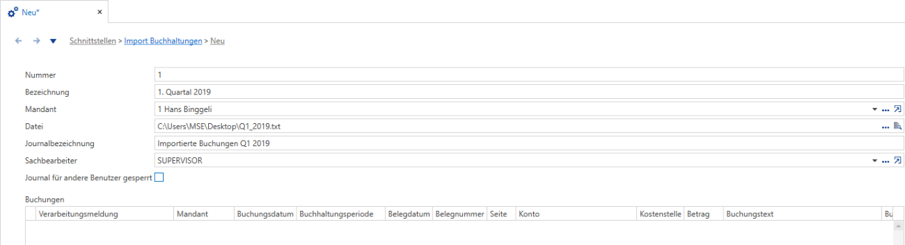 Maske «Import Buchhaltungen» mit Bezeichnung «1. Quartal 2019», gewähltem Zielmandanten, Pfad zur Importdatei und Journalbezeichnung; die Buchungsliste ist noch leer.